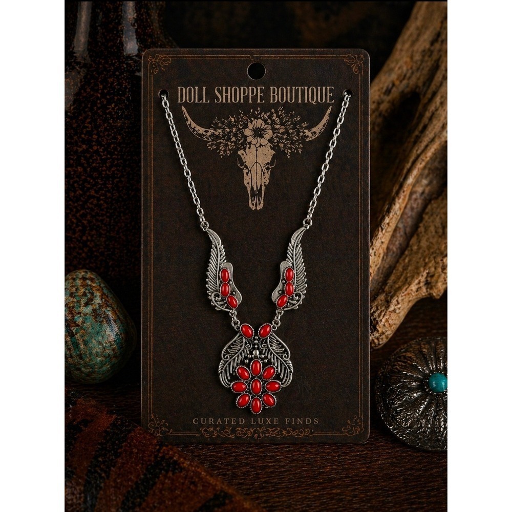 Western Red Stone Statement Necklace – Silver Boho Pendant | 14" Chain